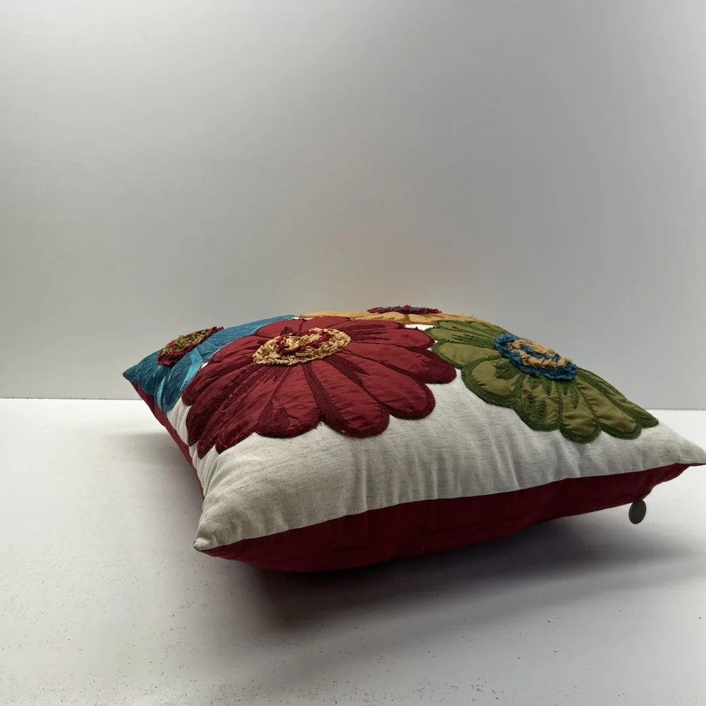 Pier 1 Imports Embroidered Floral Pillow Red Blue Green Yellow 18